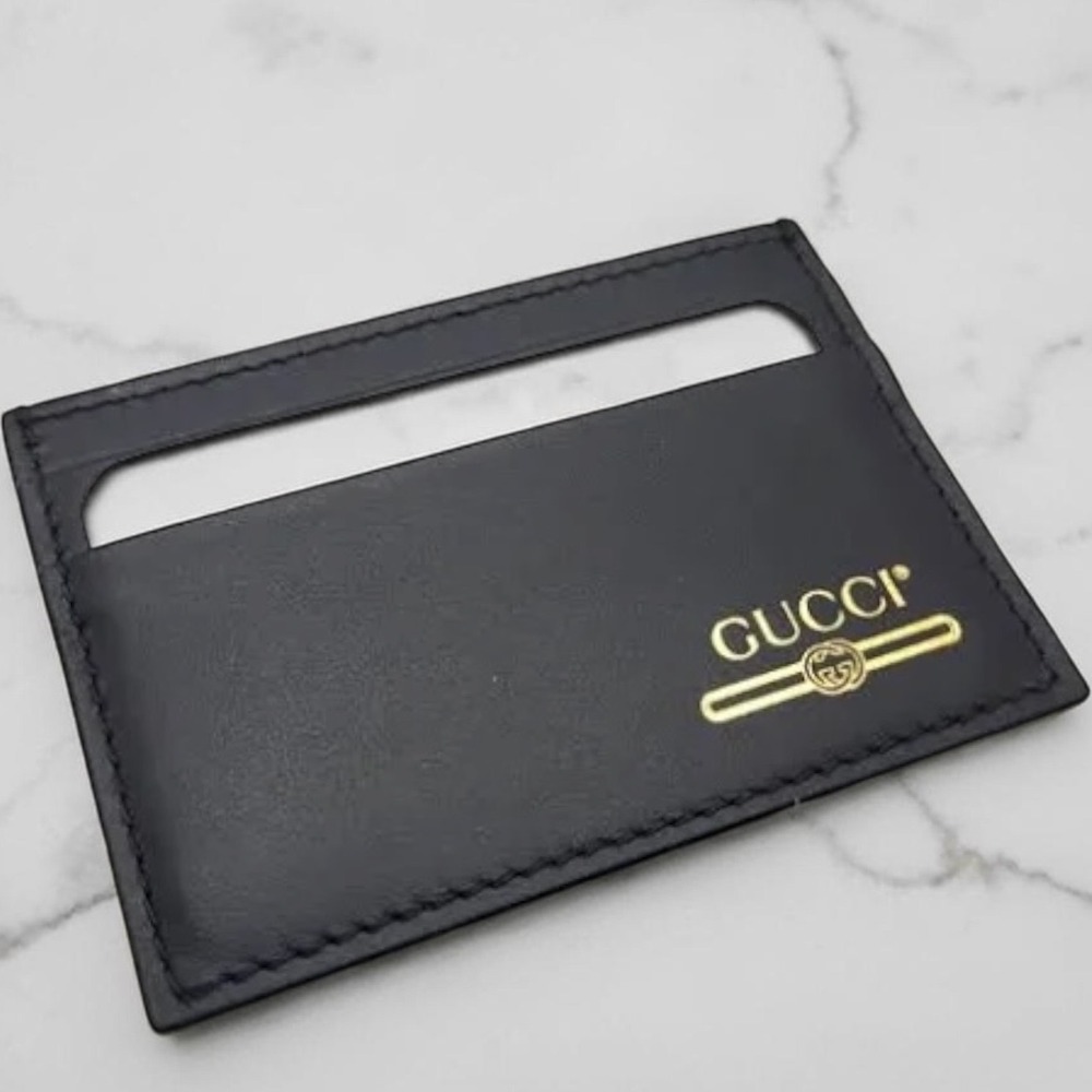Authentic Gucci Black Leather Card Holder Slim Wallet Gold Logo Minimalist EUC - Picture 4 of 7